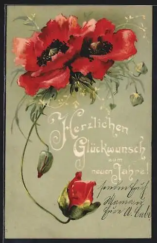 Präge-AK Mohnblumen mit Knospen, Neujahrsgruss