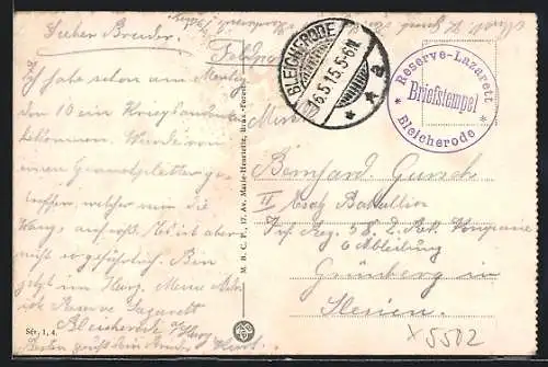 AK Lazarettstempel Bleicherode, Reserve-Lazarett, Briefstempel