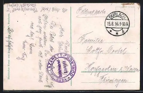 AK Lazarettstempel Durlach, Vereins-Lazarett, Soldatenbriefstempel
