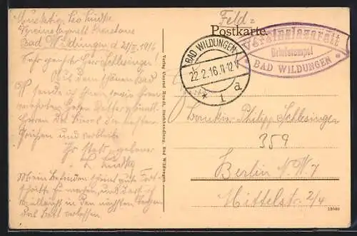 AK Lazarettstempel Bad Wildungen, Vereins-Lazarett, Briefstempel