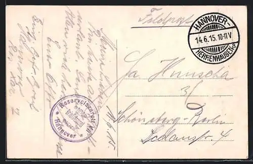 AK Lazarettstempel Hannover, Reservelazarett, Briefstempel