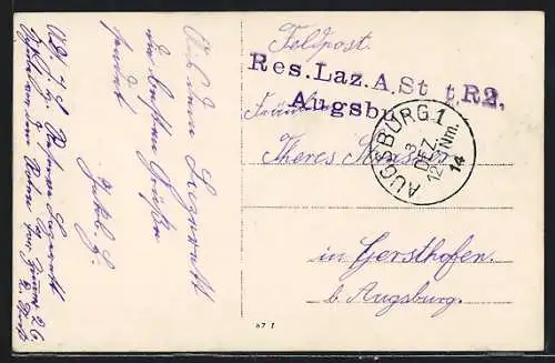 AK Lazarettstempel Augsburg, Reserve-Lazarett A. St. R2