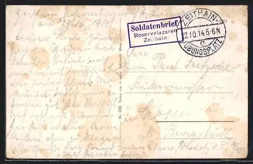 AK Lazarettstempel Zeithain, Reservelazarett, Soldatenbrief