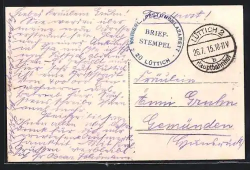 AK Lazarettstempel Lüttich, Kaiserl, Festungslazarett, Briefstempel