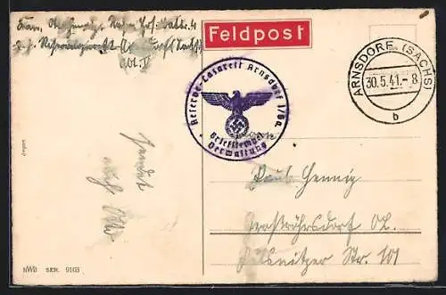 AK Lazarettstempel Arnsdorf i. Sa., Reserve-Lazarett, Briefstempel mit