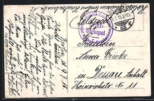 AK Lazarettstempel Berlin, Vereins-Lazarett Rudolf Virchow-Krankenhaus, Briefstempel