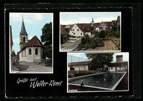 AK Weiler / Schorndorf, Teilansicht, Kirche und Freibad
