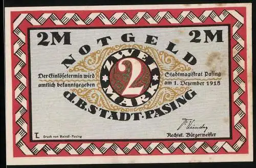 Notgeld Pasing 1918, 2 Mark, Wappen