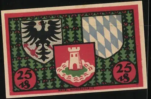 Notgeld Pasing 1918, 25 Pfennig, Ortsansicht und Wappen