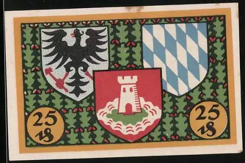 Notgeld Pasing 1918, 25 Pfennig, Ortsansicht und Wappen
