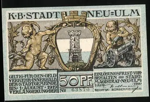 Notgeld Neu-Ulm 1918, 50 Pfennig, Soldat und Turm