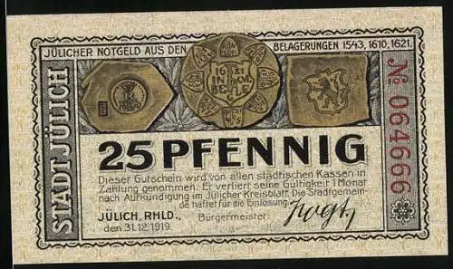 Notgeld Jülich 1919, 25 Pfennig, Belagerung der Festung 1610 durch Herzog Moritz von Oranien