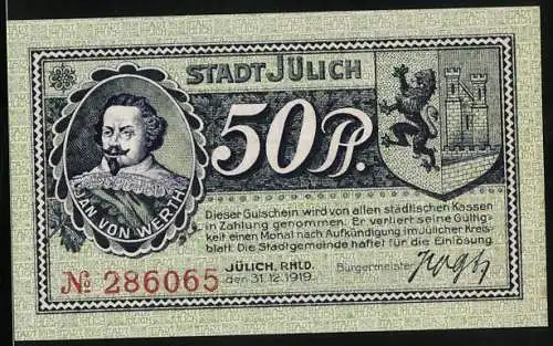 Notgeld Jülich 1919, 50 Pfennig, Portrait Jan von Werth mit Wappen, Jülich um 1780