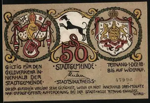 Notgeld Tettnang am Bodensee 1918, 50 Pfennig, Wappen, Ritter und Bauernfrau beim Äpfelpflück