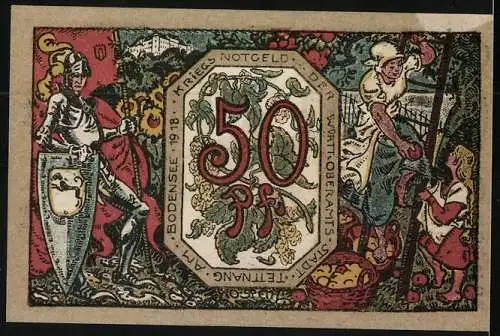 Notgeld Tettnang am Bodensee 1918, 50 Pfennig, Wappen, Ritter und Bauernfrau beim Äpfelpflück