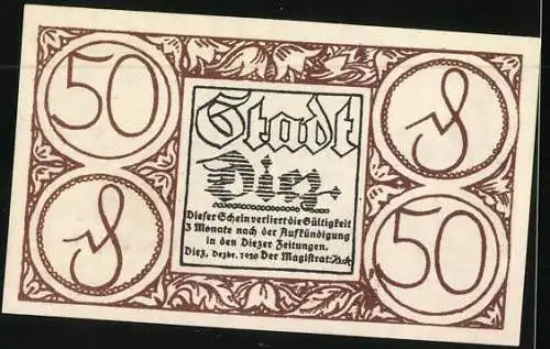 Notgeld Diez 1920, 50 Pfennig, alte Stadtansicht