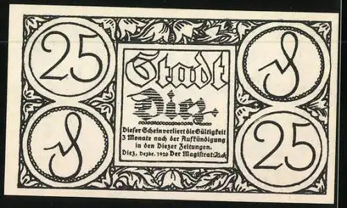 Notgeld Diez 1920, 25 Pfennig, alte Stadtansicht