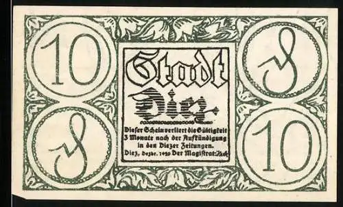 Notgeld Diez 1920, 10 Pfennig, alte Stadtansicht