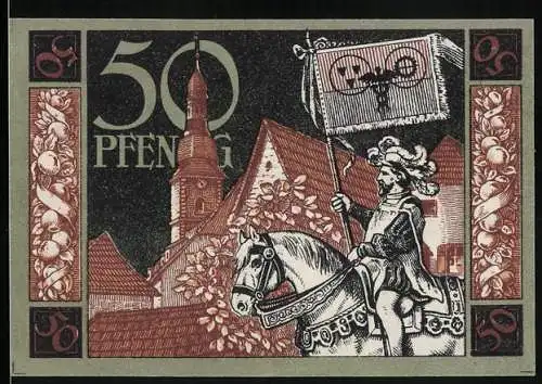 Notgeld Wunsiedel 1918, 50 Pfennig, Ritter zu Pferde mit Fahne, Wappen