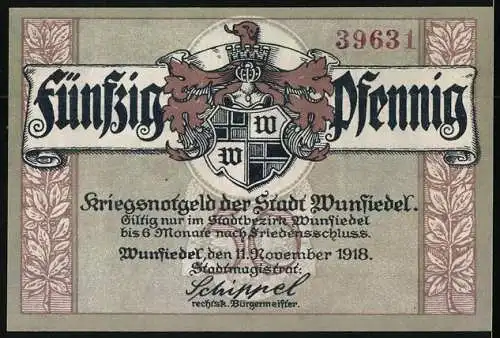 Notgeld Wunsiedel 1918, 50 Pfennig, Ritter zu Pferde mit Fahne, Wappen