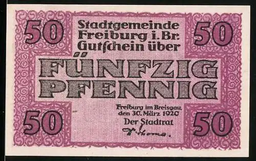 Notgeld Freiburg im Breisgau 1920, 50 Pfennig, Rathaus