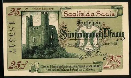 Notgeld Saalfeld a. Saale 1921, 25 Pfennig, Hoher Schwarm, Kitzerstein