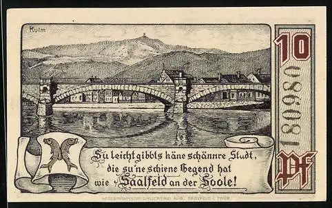 Notgeld Saalfeld a. Saale 1921, 10 Pfennig, Kulm und Saaltor