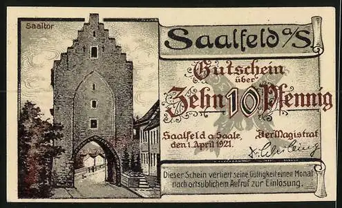 Notgeld Saalfeld a. Saale 1921, 10 Pfennig, Kulm und Saaltor