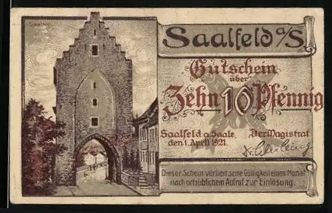 Notgeld Saalfeld a. Saale 1921, 10 Pfennig, Saaltor und Kulm