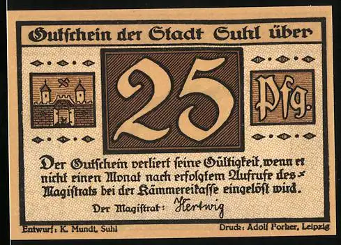 Notgeld Suhl, 25 Pfennig, Wappen, Für Böcke und für Füchse eine zielsichre Büchse