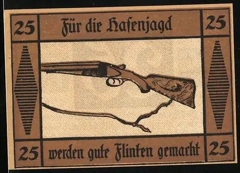 Notgeld Suhl, 25 Pfennig, Für die Hasenjagd werden gute Flinten gemacht, Wappen