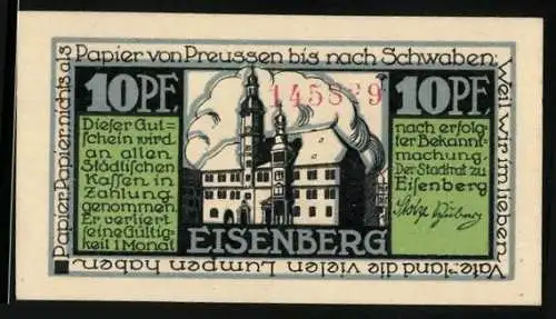 Notgeld Eisenberg i. Th., 10 Pfennig, Rathaus und Metallwarenfabriken