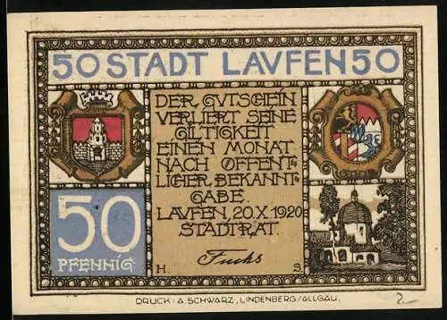 Notgeld Laufen a. S. 1920, 50 Pfennig, Kirche und Wappen und Ortsansicht