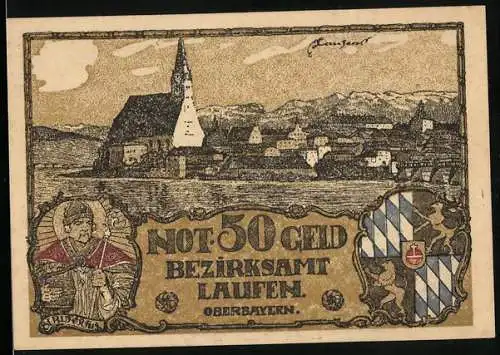 Notgeld Laufen /Oberbayern 1920, 50 Pfennig, Stadtansicht mit Wappen