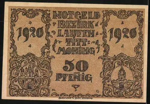 Notgeld Laufen /Oberbayern 1920, 50 Pfennig, Stadtansicht mit Wappen