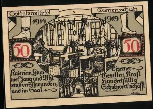 Notgeld Weissenfels a. d. Saale 1920, 50 Pfennig, Schuhfabrik und Wappen