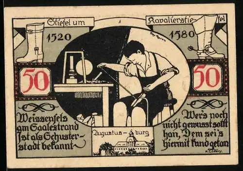 Notgeld Weissenfels a.d. Saale 1921, 50 Pfennig, Schuster bei seiner Arbeit, Wappen