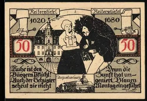 Notgeld Weissenfels /Saale 1921, 50 Pfennig, Paar mit Reiterstiefel und Augustusburg, Wappen