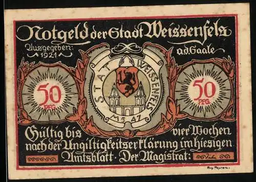 Notgeld Weissenfels /Saale 1921, 50 Pfennig, Wappen, Paar beim Essen und Geleitshaus