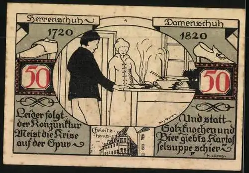 Notgeld Weissenfels /Saale 1921, 50 Pfennig, Wappen, Paar beim Essen und Geleitshaus