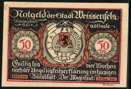 Notgeld Weissenfels /Saale 1921, 50 Pfennig, Paar beim Essen und Geleitshaus, Wappen