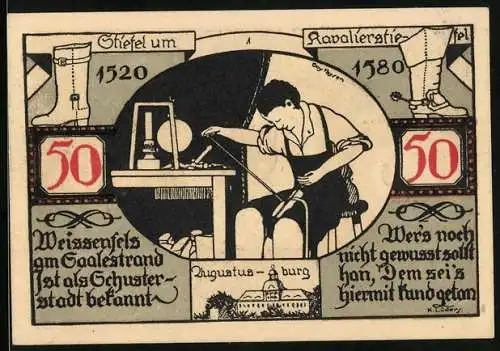 Notgeld Weissenfels a.d. Saale 1921, 50 Pfennig, Schuster bei seiner Arbeit, Wappen
