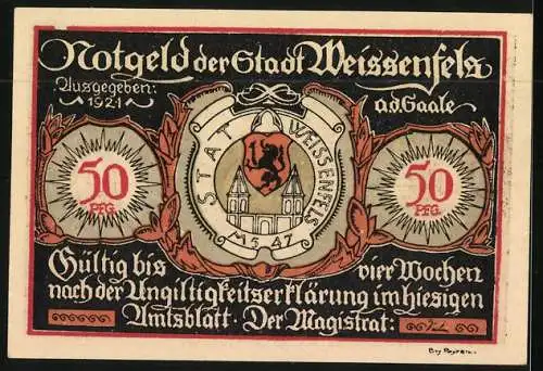 Notgeld Weissenfels a.d. Saale 1921, 50 Pfennig, Schuster bei seiner Arbeit, Wappen