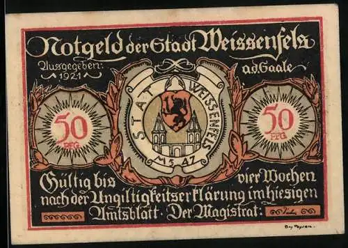 Notgeld Weissenfels /Saale 1921, 50 Pfennig, Paar mit Reiterstiefel und Augustusburg, Wappen