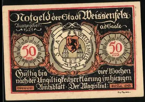 Notgeld Weissenfels a.d. Saale 1921, 50 Pfennig, Wappen, Schuster bei seiner Arbeit