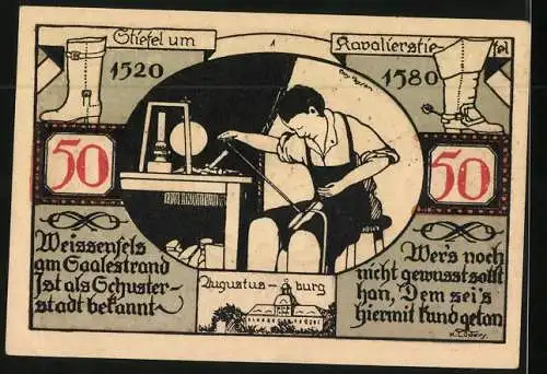 Notgeld Weissenfels a.d. Saale 1921, 50 Pfennig, Wappen, Schuster bei seiner Arbeit