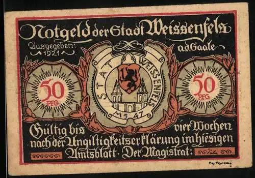 Notgeld Weissenfels /Saale 1921, 50 Pfennig, Wappen, Paar beim Essen und Stadthaus