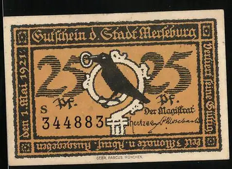 Notgeld Merseburg 1921, 25 Pfennig, Rabe mit Ring und Bischof Thilo von Trotha