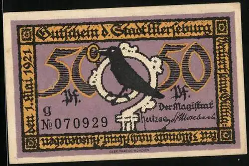 Notgeld Merseburg 1921, 50 Pfennig, Rabe mit Ring und Schloss Herzog Christian
