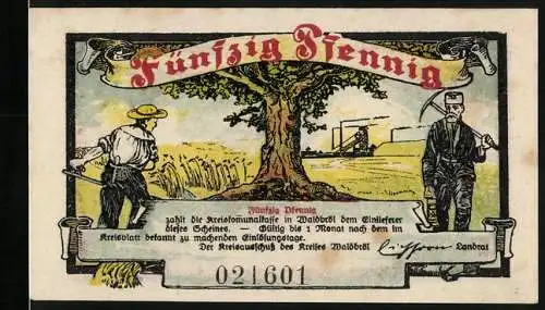 Notgeld Waldbröl 1921, 50 Pfennig, Bauer und Bergmann, Kreishaus